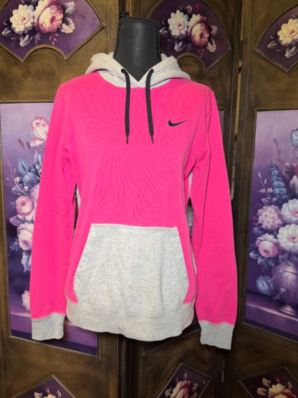 Nike Womens M Pink Gray Colorblock Pullover Hoodie Black Swoosh Sweatshirt